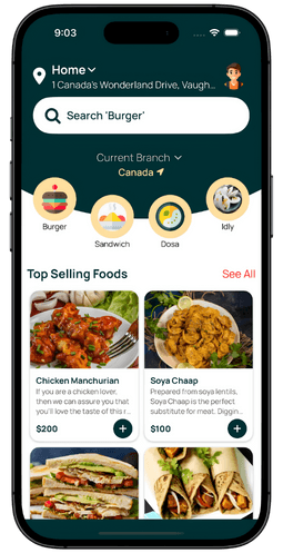 Customer app interface showing restaurant menu in food delivery app