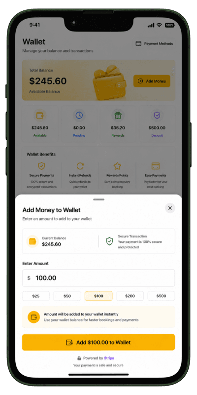 Vehicle rental software add money to wallet screen