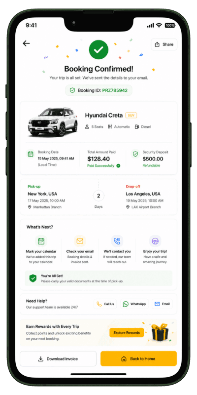 Car hire software booking confirmation screen