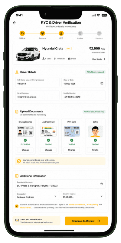 Car rental management software customer KYC verification screen