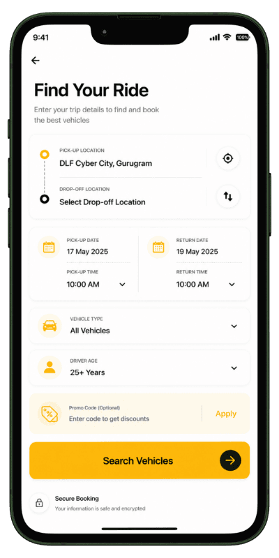 Vehicle rental software search screen for finding a rental car