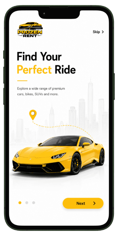 Car rental software onboarding screen introducing online vehicle booking