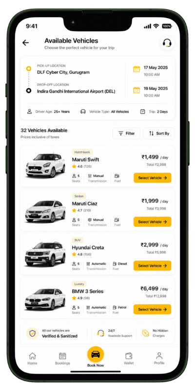 Vehicle rental software search results screen