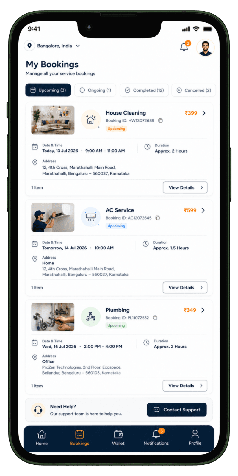 Customer booking list in home services app