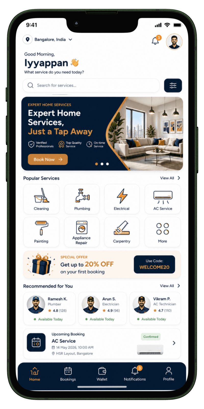 Home services app development customer home screen