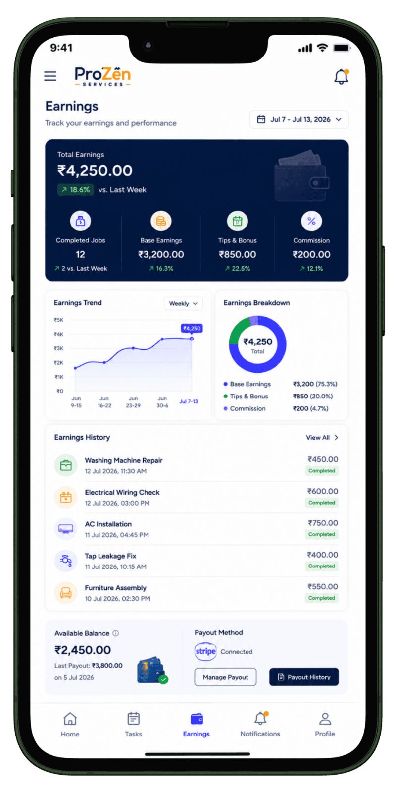 Service partner app dashboard for assigned home service tasks