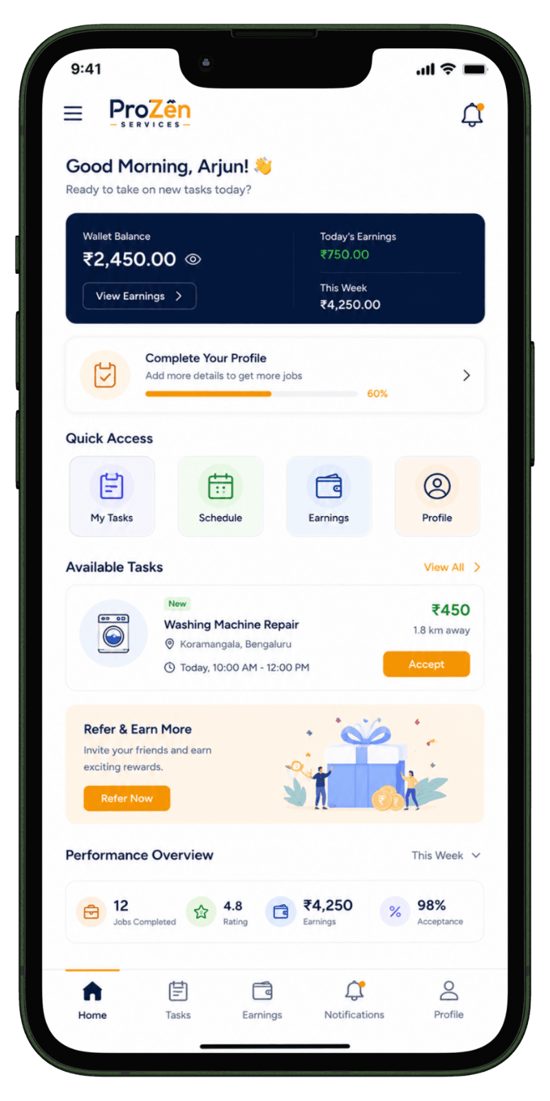 Home service partner home dashboard with task information