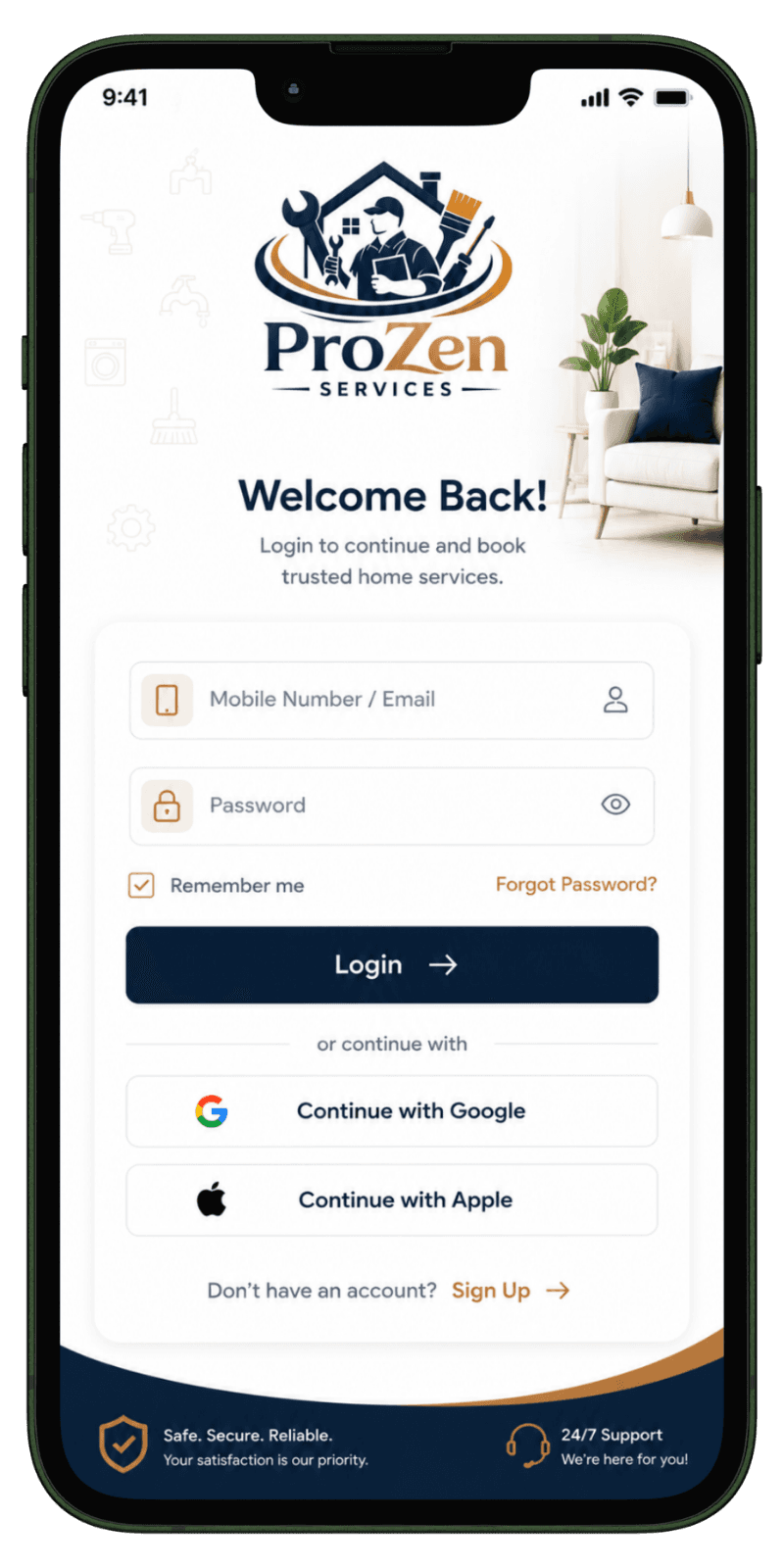 Secure login screen for home services application