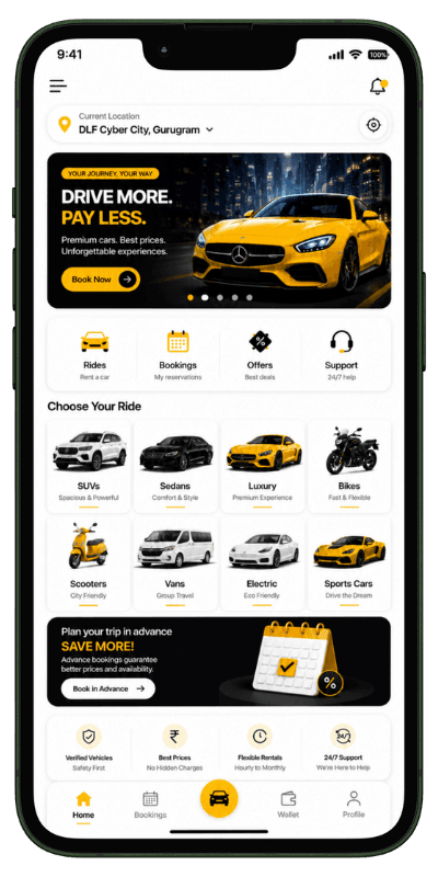 Prozen Rent car rental software customer home screen