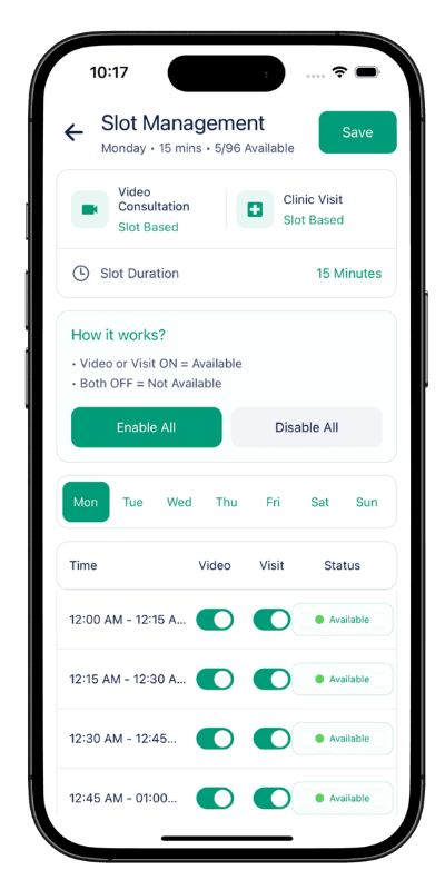 Healthcare App Development Doctor App โ Slot Management Doctor slot management screen in healthcare app development platform