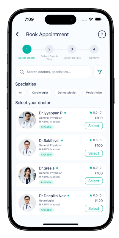 Healthcare App Development โ Appointment Booking Screen Patient selecting a doctor and booking an appointment on the healthcare app development platform