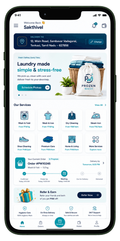 Prozen Wash laundry pickup and delivery application home screen