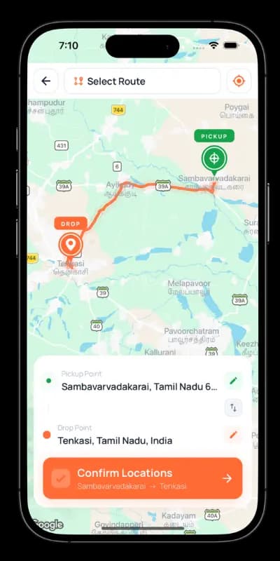Location Selection User selecting pickup and drop location on map
